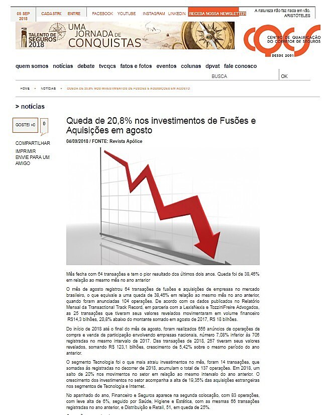 Queda de 20,8% nos investimentos de Fuses e Aquisies em agosto